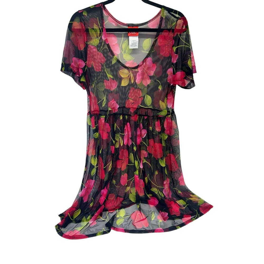 90s Cole of California Sheer Black Floral Mesh Babydoll Swim Cover-Up Dress Y2K